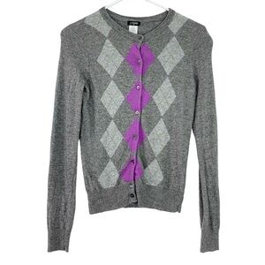 J Crew Argyle Cardigan Sweater Womens Size XS Gray Purple Lightweight Wool